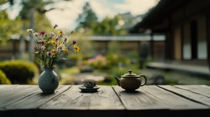 Poster - A serene tea setting with a teapot, cup, and flowers, inviting relaxation in a garden.