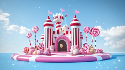 Wall Mural - A whimsical candy castle with colorful decorations and a bright blue sky.