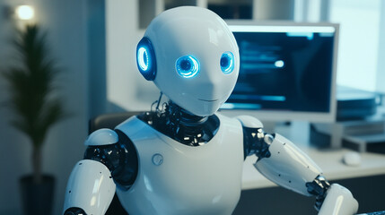 Futuristic Robot Working at a Desk with Computer Screen