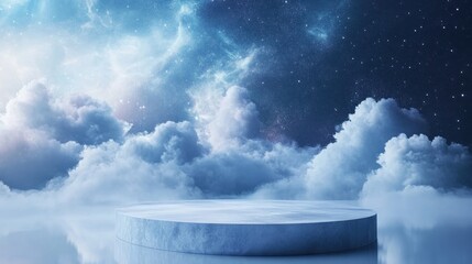 Wall Mural - a serene, cosmic scene featuring a circular platform amidst clouds and a starry sky.