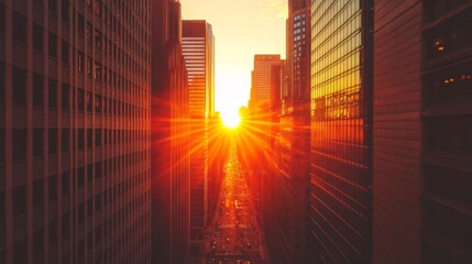 Poster - Sunset Over City Skyline with Tall Buildings