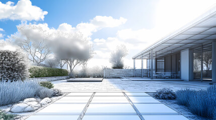 Wireframe rendering of a building in 3D. Done view hard landscaping, new luxury stone patio and garden of English home. Idea for an abstract construction graphic