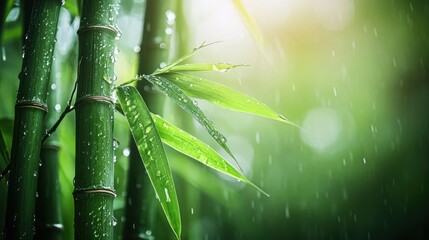 Sticker - Lush bamboo stalks glistening with raindrops in a serene, green environment.