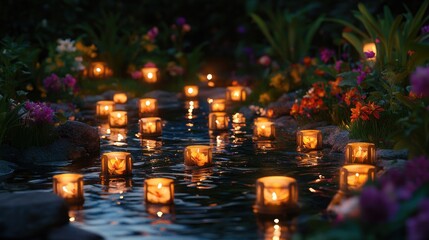 Poster - A serene scene of glowing candles floating on water, surrounded by vibrant flowers.