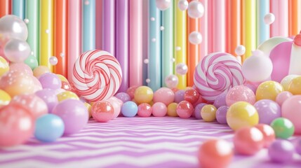 Canvas Print - A colorful candy landscape with swirling lollipops and pastel spheres.