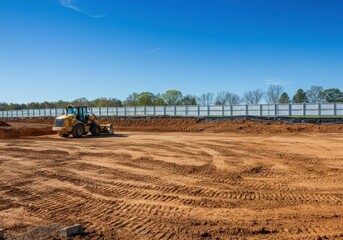 Wall Mural - Yellow excavator is parked on a large construction site on a sunny day