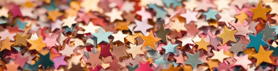 Poster - A colorful assortment of star-shaped confetti in various metallic shades.