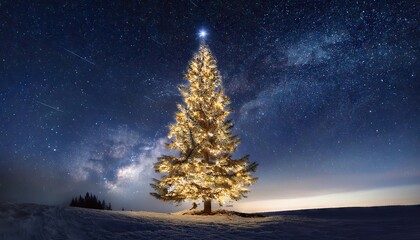 Holiday background with illuminated Christmas tree under starry night sky