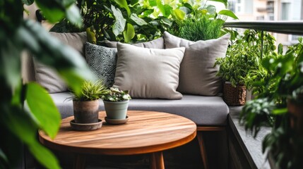 Poster - A cozy balcony nook adorned with plants and cushions for relaxation.