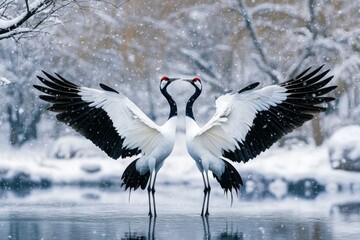 Poster - Two elegant cranes display their wings in a snowy landscape, symbolizing love and harmony.