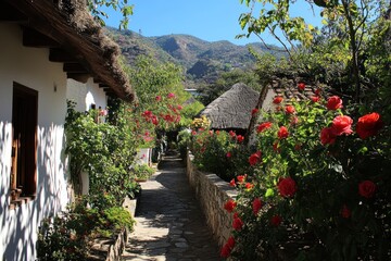 Canvas Print - A serene pathway lined with vibrant flowers and quaint houses, set against a mountain backdrop.