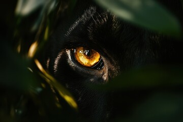 Wall Mural - Close-up of a dog's eye peering through leaves, showcasing its vibrant color and texture.