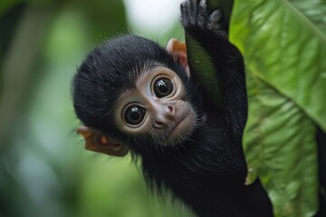 Wall Mural - A close-up of a curious baby monkey peeking through lush green leaves.