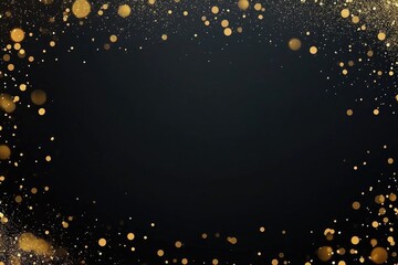 Black background with gold glitter particles, elegant confetti sparkle, celebratory backdrop, festive glitter frame