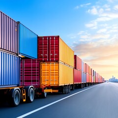 Colorful shipping containers lined up on a highway against a vibrant sky, symbolizing logistics and global trade.