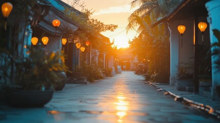 Sticker - A serene sunset view of a lantern-lit street in a tranquil village.