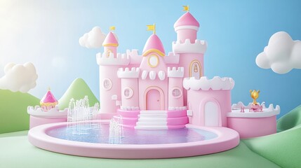 Canvas Print - A whimsical pink castle with fountains, set against a blue sky and green hills.