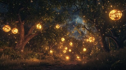 Poster - A mystical forest scene illuminated by glowing orbs amidst trees under a starry sky.