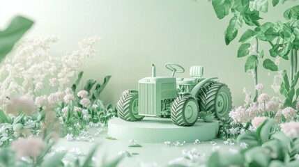 Wall Mural - A pastel green tractor surrounded by delicate flowers in a serene, nature-inspired setting.