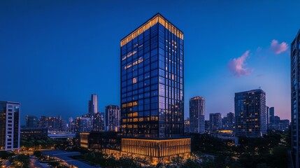 Aufkleber - Modern Urban Building at Night with City Skyline
