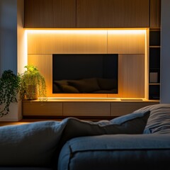 Sticker - A modern living room with a TV, warm lighting, and a plant, creating a cozy atmosphere.