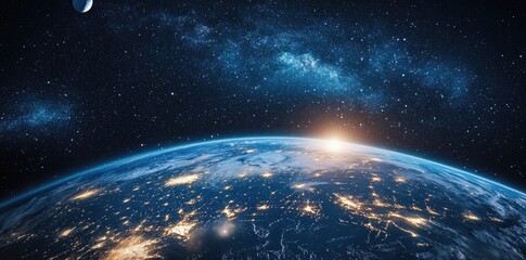 the earth, as seen from space, with a blue night sky, stars, and moonlight in the background.