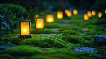 Wall Mural - A serene pathway illuminated by glowing lanterns on lush moss.