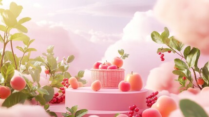 Poster - A whimsical scene featuring fruits on a pastel pedestal amidst fluffy clouds.