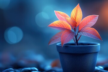 A small plant is in a blue pot on a rocky surface