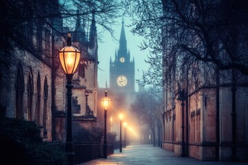 Canvas Print - A misty street scene featuring a clock tower and lampposts in a historic architectural setting.