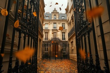 Sticker - A serene courtyard with falling leaves and ornate gates in an urban setting.