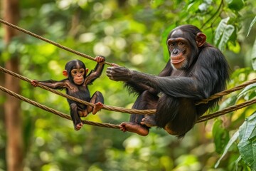 Poster - A mother chimpanzee and her baby play on ropes in a lush green forest.