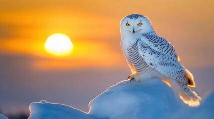 Canvas Print - A snowy owl perched on a snow mound against a sunset backdrop.