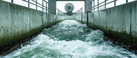 A powerful watermill spinning as a river flows through it, converting water s energy into mechanical power, watermill energy, sustainable water use