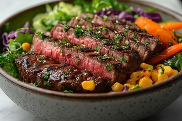 A bowl of food with a piece of meat and vegetables