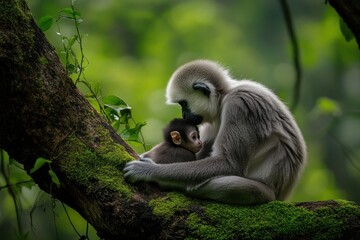 Wall Mural - A gentle moment between a mother monkey and her baby on a moss-covered tree branch.