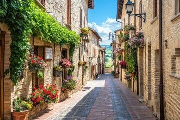  A picturesque alleyway adorned with vibrant flowers and greenery in a charming village.