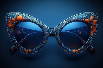 A pair of blue sunglasses with orange flowers on the frame