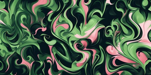 Abstract green and pink swirling pattern on a dark background.