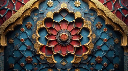 Fototapete - Bold 3D geometric design featuring vibrant Arabic patterns in shades of red blue and gold with textured surfaces and intricate Islamic ornaments creating a dynamic Arabianinspired background