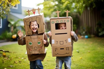 Wall Mural - Cardboard box robot portrait outdoors costume.