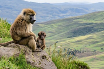 Canvas Print - A baboon and its young sit on a rock, overlooking a lush green landscape.