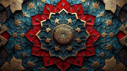 Fototapete - Bold 3D geometric design featuring vibrant Arabic patterns in shades of red blue and gold with textured surfaces and intricate Islamic ornaments creating a dynamic Arabianinspired background
