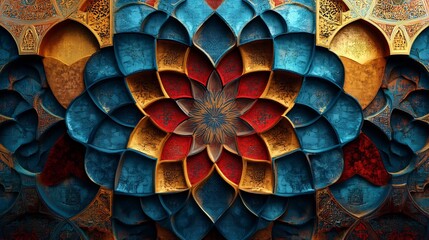Poster - Bold 3D geometric design featuring vibrant Arabic patterns in shades of red blue and gold with textured surfaces and intricate Islamic ornaments creating a dynamic Arabianinspired background