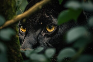 Wall Mural - A close-up of a black panther's intense gaze among foliage.