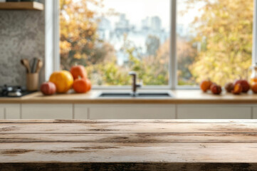 Poster - Empty wooden tabletop in front of blurred kitchen background