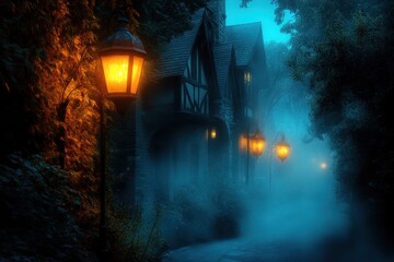 Canvas Print - A misty pathway lined with glowing lanterns leading to a mysterious house.