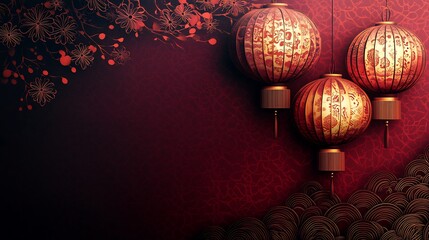 Poster - Bold paper cut design with large golden lanterns casting a warm glow placed against a maroon and black gradient background with intricate patterns and space for text on the right