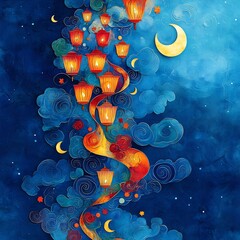 Poster - Bold paper cut style illustration with vibrant lanterns arranged in a swirling pattern surrounded by crescent moons on a deep blue background providing space for text on the right