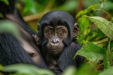 Poster - A close-up of a young gorilla nestled among lush green foliage.